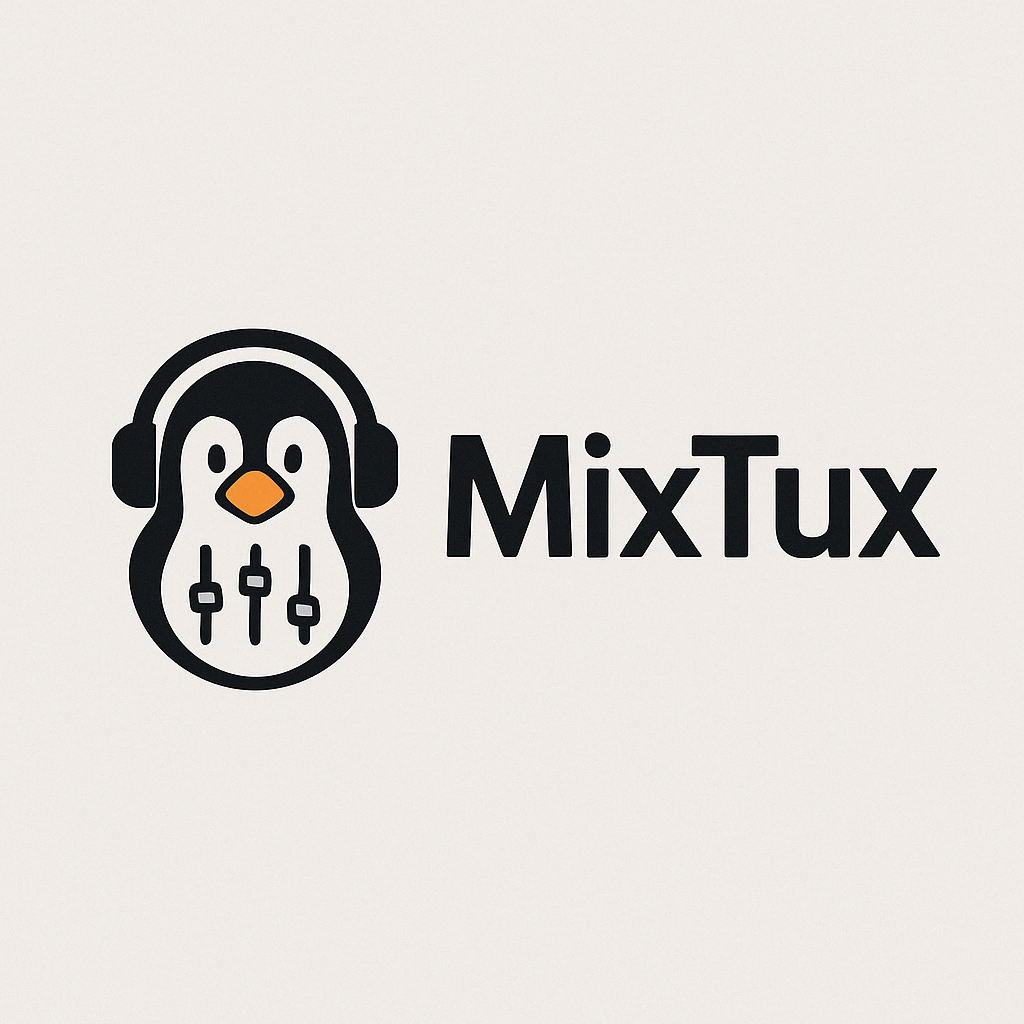MixTux Website Logo depicting a Pinguin with Headphones and Mixing Table.